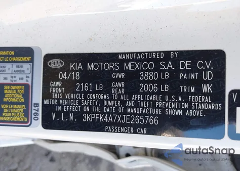2018 Kia Forte Lx z USA, uszkodzony, nr VIN 3KPFK4A7XJE265766